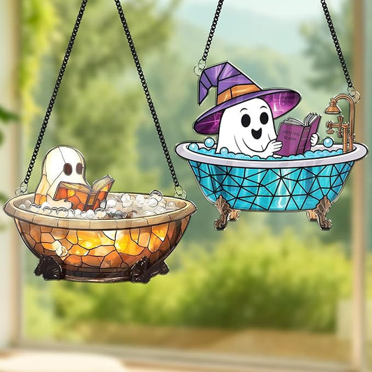 2 Boo Bathtub Acrylic Suncatchers, Gothic Cute Ghost Reading Book Window Hanging 6" Ornaments, Halloween Horror Home Decor Witch Handmade Wall Art, Gift for Women Mom Friends Family