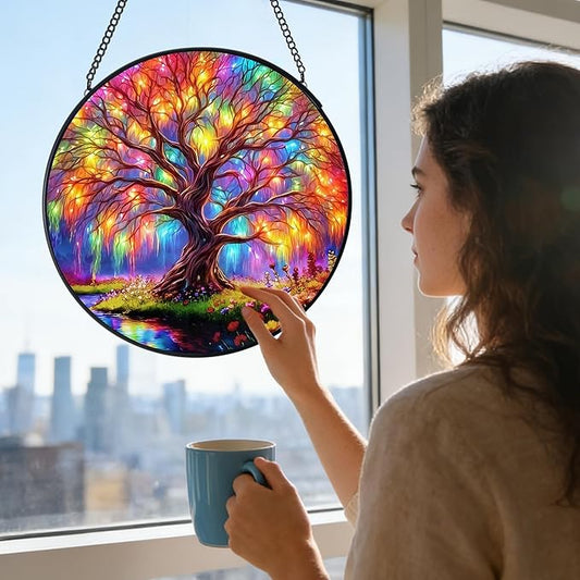 7.8 in Stained Glass Window Hanging, Magic Tree of Life Sun Catchers, Colorful Suncatcher for Home Decor, Decorative Boho Wall Art, Ideal Gift for Mom Grandma Aunt Wife Housewarming