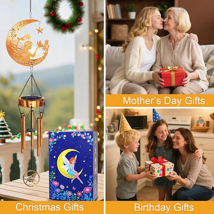 Solar Moon Fairy Wind Chimes, Moon Gifts Mothers Day for Mom Women Men Sympathy Birthday, Hanging Outdoor Decor Cracked Glass Ball Memorial Large Wind Chimes for Garden Patio Porch