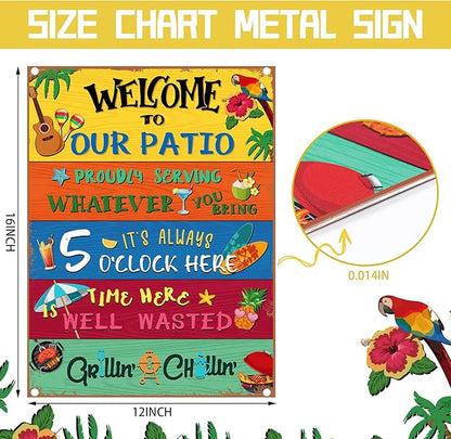 Welcome to Our Patio Outdoor Sign Metal Patio Sign Welcome Signs for Porch New Home Birthday Gift for Men Women Neighbor Friends Family Couple Party Outdoor Pool Decor, 12 x 16 Inches