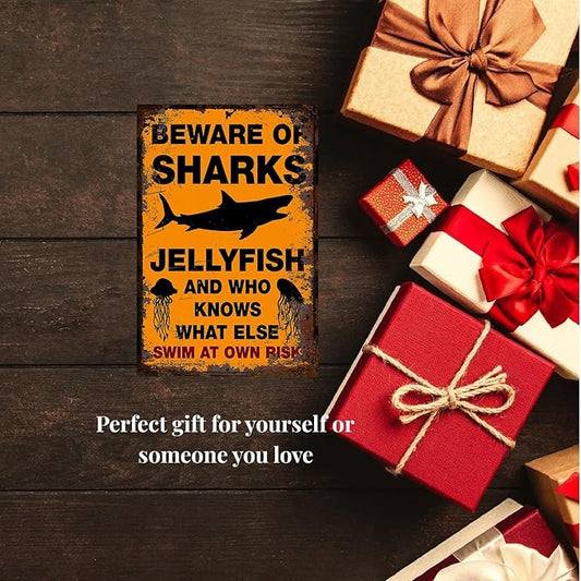 Funny Beware of Dog Sign Private Property No Trespassing Warning Signs, Beware of Sharks Jellyfish, Yard Sign Garage Farm Garden Wall Decor Sign Plaque Outdoor for Home Fence 8 X 12 Inches