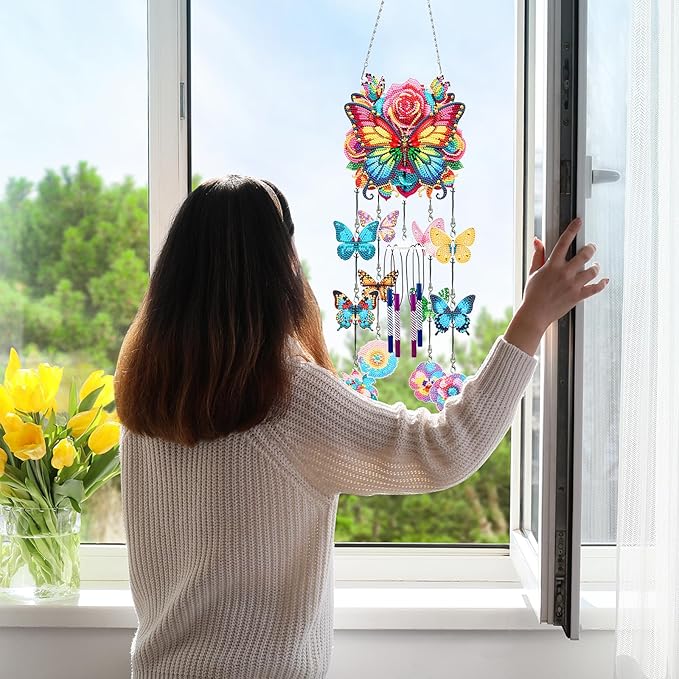 DIY Wind Chime Pendant Spring 3D Diamond Art Painting Hanging Ornament Double Sided Diamond Suncatchers for Window Home Backyard Garden Wall Door Decor (Butterfly05)