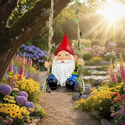Garden Gnome on Swing Statue Decoration, Funny Resin Dwarf Sculpture for Lawn Patio Climbing Tree Decor Outdoor, Gifts for Mom Women and Man (Gnome-C)