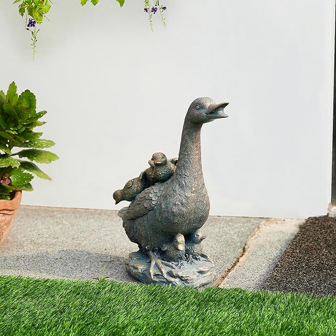 Glitzhome Bronze Duck Garden Statue, 15" H Faux Family of 4 with Mother and Three Babies, Hand-Painted Resin & Stone Outdoor Decor for Yard, Patio, Spring Landscape
