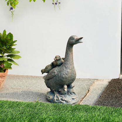 Glitzhome Bronze Duck Garden Statue, 15" H Faux Family of 4 with Mother and Three Babies, Hand-Painted Resin & Stone Outdoor Decor for Yard, Patio, Spring Landscape