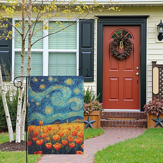 Spring Tulip Garden Flag Summer Van Gogh Starry Night Yard Flags Vibrant Orange Tulips Art Print Seasonal Welcome House Banners for Outdoor Porch Lawn Patio Landscape Decor 12×18 Inch
