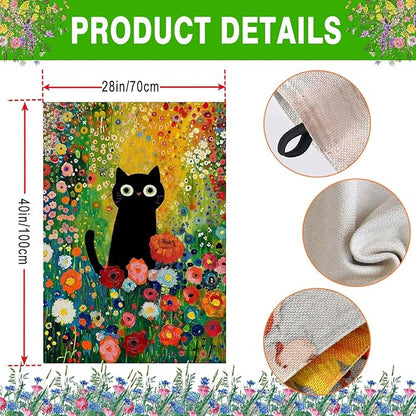 Spring Summer House Flag 28x40 Inch Double Sided Outside Black Cat Colorful Floral Flowers Seasonal Holiday Yard Porch Outdoor Decoration