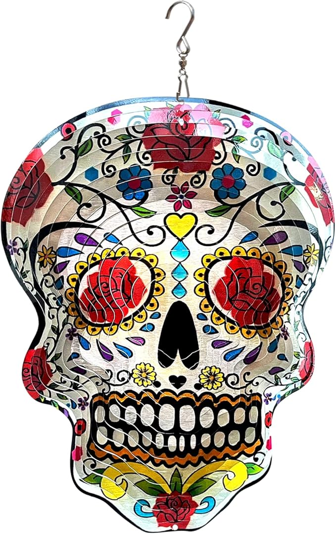 Fonmy Kinetic 3D Metal Garden Wind Spinner Quality Hanging Ornament for Home and Garden 12inch Mandala Rose Sugar Skull Wind Spinners