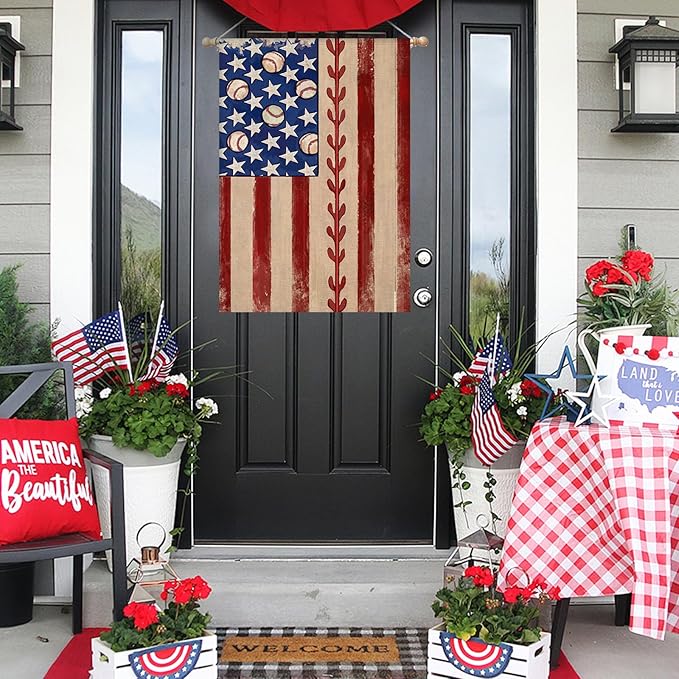 4th of July House Flags for Outdoor Decoration, Retro American Flag with Baseball Large Yard Flag,Decorative Decors for Summer 250th Years America Anniversary Holiday Outside 28x40 Inch Double Sided