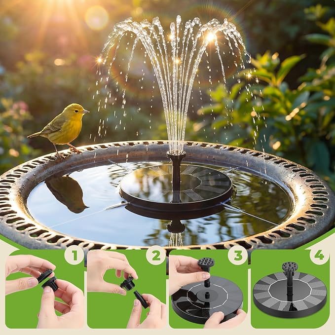 AISITIN Solar Fountain for Bird Bath, Solar Water Fountain Pump with 6 Nozzles, Solar Powered Fountain for Garden, Pond, Pool, Fish Tank and Outdoor Decor