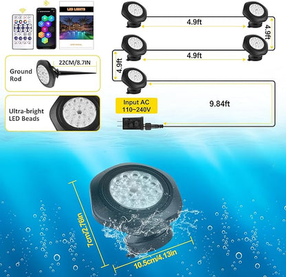 T-SUN Color Changing Underwater Pond Lights, IP68 Waterproof Fountain Lights Dimmable Timer Submersible LED Landscape Spotlights for Outdoor Koi Fish Tank Aquarium Garden(Set of 5)