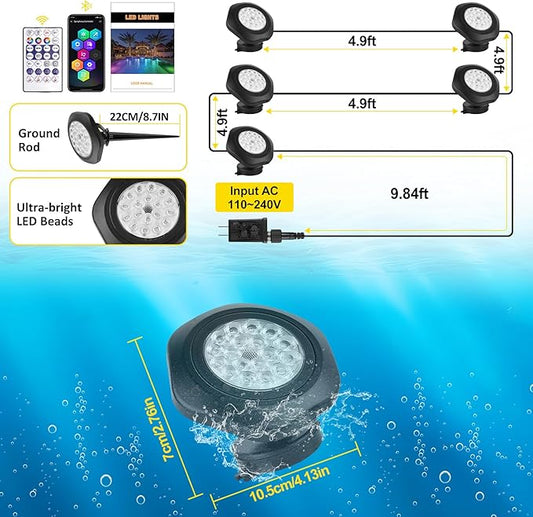 T-SUN Color Changing Underwater Pond Lights, IP68 Waterproof Fountain Lights Dimmable Timer Submersible LED Landscape Spotlights for Outdoor Koi Fish Tank Aquarium Garden(Set of 5)