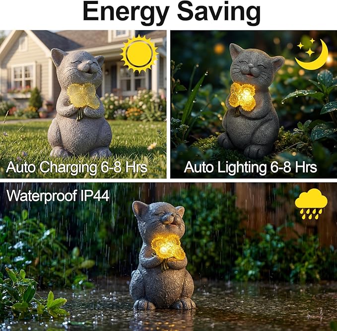 PETAFLOP Solar Cat Garden Statue with LED Sunflower, Healing Emotional Figurine Patio Balcony Yard Lawn Outdoor, Christmas Birthday Housewarming Gifts for Mom Grandma Women Cats Lover
