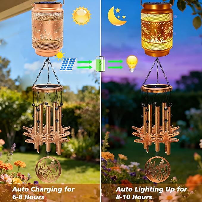 2 Pack Dragonfly Solar Wind Chimes for Outside, Gifts for Mothers Day Mom Women Grandma Birthday Memorial Teacher, 32" Windchimes Outdoor Decor Hanging Solar Lantern for Garden Porch Patio Backyard