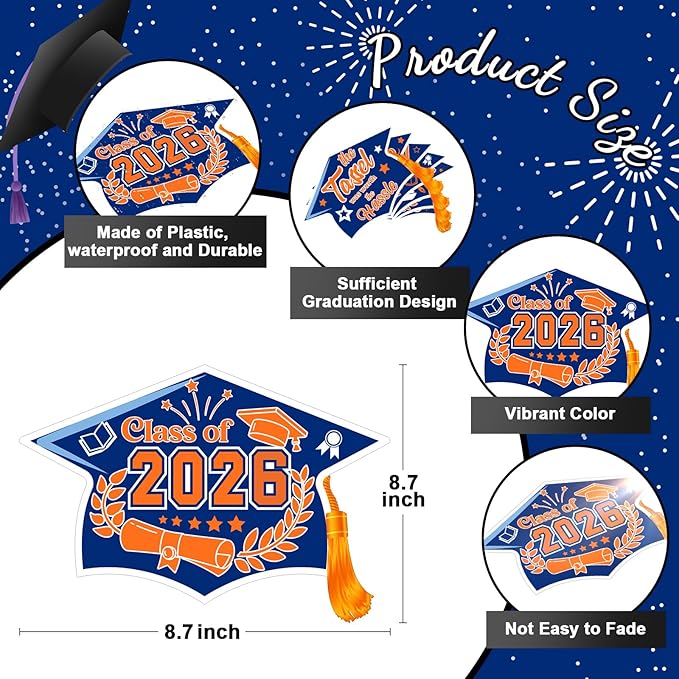 Chunful 12 Pack Graduation Yard Signs Grad Decoration 2026 Happy Graduate Lawn Garden Sign with Stake Congrats Outdoor Plastic Cap Hanging Ornament for Class Pathway Walkway Porch Party(Blue Orange)