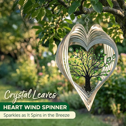 ISEO XL Silver Heart 15” Wind Spinner for Yard and Garden with Crystals, Hanging Outdoor Decor, Yard Art, Porch and Patio Decorations, Metal Wind Spinners Outdoor, Weather Resistant,