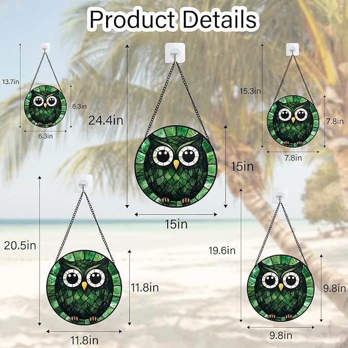 Stained Glass Window Hanging - Green Owl Suncatcher for Doors Garden Patio Funny Bird Sun Catchers Decor Christmas Mother's Day Birthday Teenager Gifts for Women Men Mom Nana Friend 6.3 in