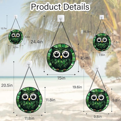 Stained Glass Window Hanging - Green Owl Suncatcher for Doors Garden Patio Funny Bird Sun Catchers Decor Christmas Mother's Day Birthday Teenager Gifts for Women Men Mom Nana Friend 15 in