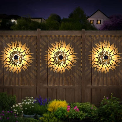 Hapjoy Solar Fence Lights 4 Pack Solar Deck Lamps Outdoor Decorations Powered Step Lights Wall Waterproof LED Warm Decorative Lighting for Garden (Sunflower, 4)