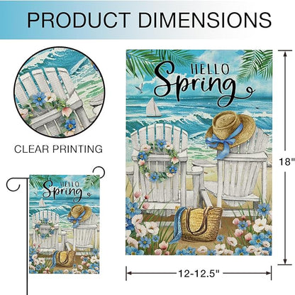 Hzppyz Hello Spring Sea Chairs Garden Flag Double Sided, Forget Me Not Flower Coastal Ocean Beach Decorative Yard Outdoor Home Small Decor, Nautical Sailboat Bag Hat Burlap Outside House Decoration 12