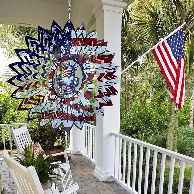 Gnome 4th of July Wind Spinner Hanging Garden Decor Independence Day Yard Garden Metal Spinner Memorial Day Wind Sculptures for Indoor Outdoor Spinning Lawn Ornaments Patriotic Art Kinetic Sculpture