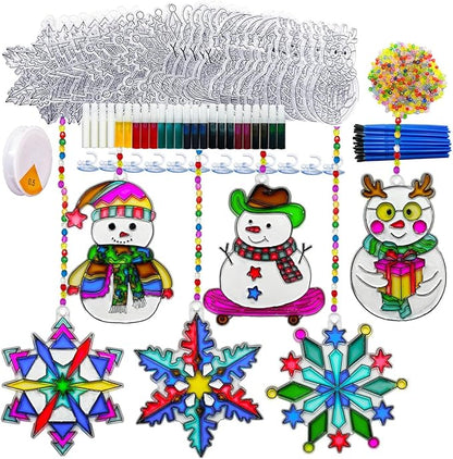 AUEKIV Suncatchers Kit 30sets Snowflake Sun Catcher DIY Window Paint Art Craft Kits Christmas Snowman Snowflake Suncatchers Ornaments for Xmas Decoration Winter Home Outdoor Party Activity