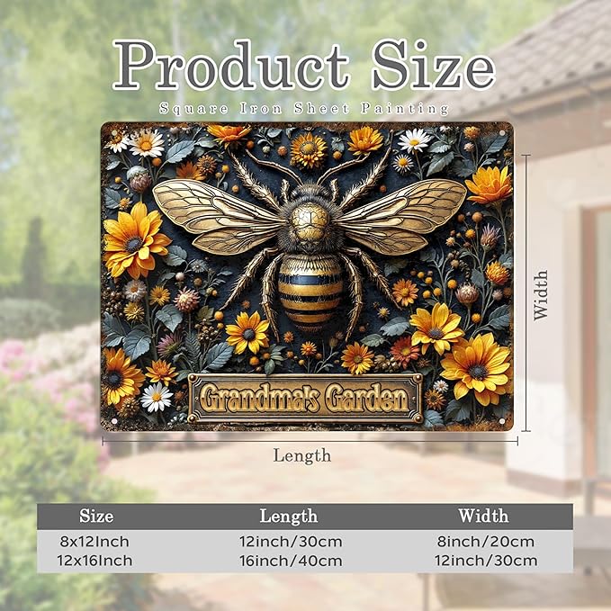Custom Garden Signs Personalized Metal Tin Sign for Women, Bee Metal Sign for Outdoor, Patio, Yard Rustic Home Decor Gift for Mothers Day, Grandmas, and Gardening Lovers