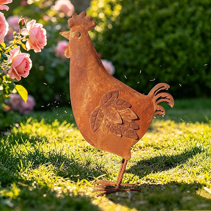 Metal Rooster Garden Decor for Outside, 17.3" Rusty Chicken Outdoor Decor for Patio Lawn Backyard, Decoration Yard Art Animal Ornaments Vintage Rustic Chicken Figurine Sculptures Statues