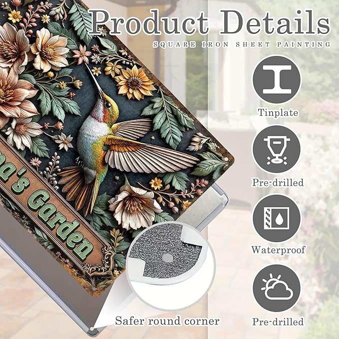 Custom Garden Signs Personalized Metal Tin Sign for Women, Retro Hummingbird Metal Sign for Outdoor, Patio, Yard Rustic Home Decor Gift for Mothers Day, Grandmas, and Gardening Lovers