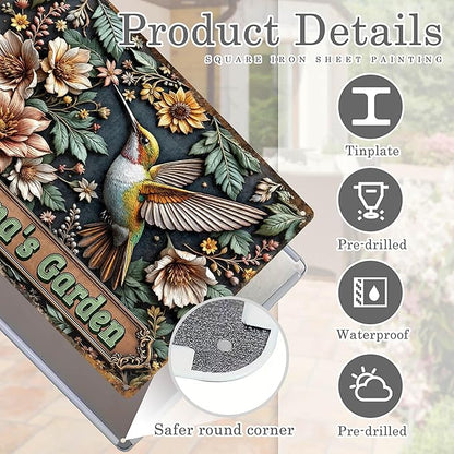 Custom Garden Signs Personalized Metal Tin Sign for Women, Retro Hummingbird Metal Sign for Outdoor, Patio, Yard Rustic Home Decor Gift for Mothers Day, Grandmas, and Gardening Lovers