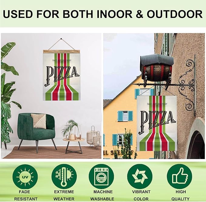 Mugod Retro Pizza Garden Flag 12.5x18 Inch, Italian Food Red Green Striped Double Sided Burlap Yard Flag for Seasonal Farmhouse Outdoor Decor