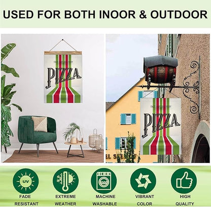 Mugod Retro Pizza Garden Flag 12.5x18 Inch, Italian Food Red Green Striped Double Sided Burlap Yard Flag for Seasonal Farmhouse Outdoor Decor