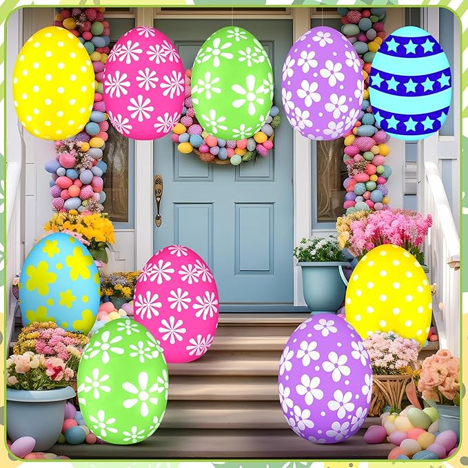 18 Pieces 12 Inch Inflatable Easter Eggs Easter Outdoor Yard Decoration Large Inflatable Hanging Eggs Ornaments Giant PVC Kids Toys for Garden Lawn Party Decor