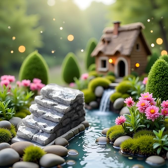 Jinshining Straight Stone Stairs Miniature Fairy Garden Accessories,Miniature Pond Lawn Ornament Figurines, Mini Lighthouse Water Well Bridge Figurines, Micro Landscape Ornaments for Garden DIY Kit