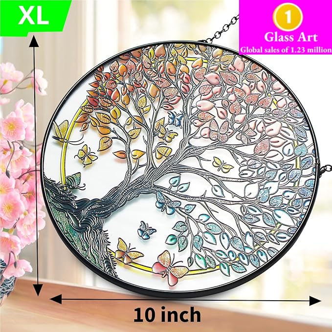 Large Tree of Life Garden Suncatcher, Stained Glass Window Hanging, Suncatchers for Windows Hanging, for Friends, Family, and Women 9.9 * 9.9IN