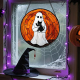 Stained Glass Window Hanging - Halloween Cute White Ghost Black Cat Suncatcher for Doors Garden Home Spooky Orange Sun Catchers Gothic Decor Horror Gift for Women Men Friend Boy Girl 6.3 in