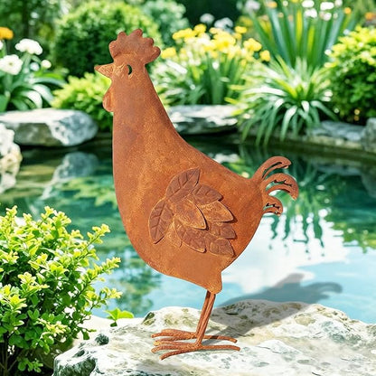 Metal Rooster Garden Decor for Outside, 17.3" Rusty Chicken Outdoor Decor for Patio Lawn Backyard, Decoration Yard Art Animal Ornaments Vintage Rustic Chicken Figurine Sculptures Statues
