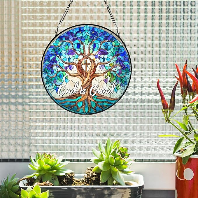 Christian Blue Tree of Life Stained Glass Window Hanging, Tree of Life Stained Glass, God is Good Sun Catchers Indoor Window Decor Birthday for Home Windows Garden Church, 7.9x7.9inch
