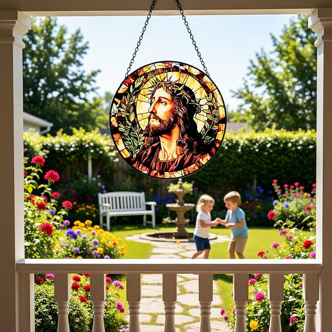 Stained Glass Window Hanging - Jesus Suncatcher, Sun Catchers Decor for Window Hanging, Christian Gifts for Women Men Mom Wife Religious Faith Home Decor 7.8in