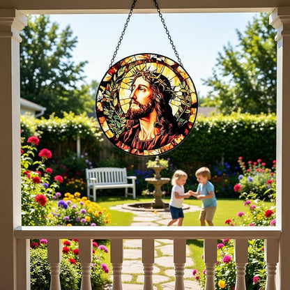 Stained Glass Window Hanging - Jesus Suncatcher, Sun Catchers Decor for Window Hanging, Christian Gifts for Women Men Mom Wife Religious Faith Home Decor 7.8in