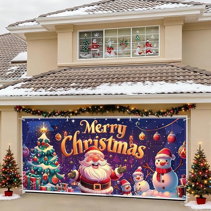 6 x 13 ft Christmas Garage Door Decorations Merry Christmas decorations Xmas Garage Door Cover, Happy New Year Hanging Banner for Home,Outdoor,Indoor,Party (Merry Christmas-Purple, 6 x 13 ft)
