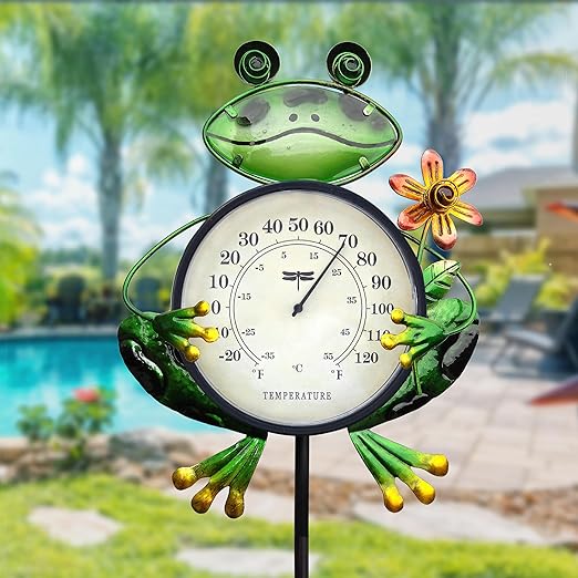 42 Inch Frog Outdoor Thermometer Decorative Garden Stakes,Metal Thermometer Garden Decor for Lawn Yard Patio Decorations