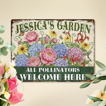 Personalized Garden Signs for Outside Custom Metal Tin Sign for Women, Retro Funny Welcome Metal Sign for Patio, Yard Rustic Gifts for Mothers Day, Grandmas, and Gardening Lovers