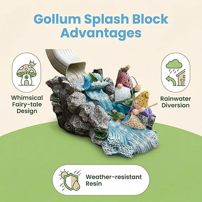Gollum Splash Block – Decorative Resin Downspout Diverter & Water Feature, 11.4” x 6.3” x 6.9”, Durable Rainwater Drainage Statue for Garden, Patio, Yard, Pond or Aquarium, Outdoor Dwarf Gutter Décor