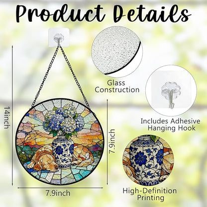 Chinoiserie Hydrangea Golden Retriever Stained Glass Window Hanging, Sleep Dog Flower Suncatcher Indoor Window Glass Round Wall Art Decor, 7.9x7.9 Inch