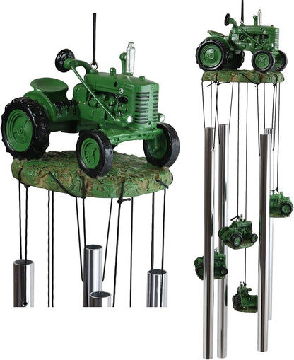 Ebros Gift Old Fashioned Vintage Country Agricultural Farm Green Tractor Model Resonant Relaxing Wind Chime Patio Garden Accent of Rustic Countryside Farming Cottage Theme
