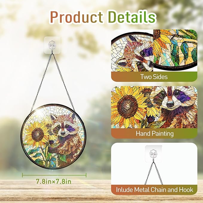 7.8 Inch Stained Glass Window Hanging Sunflower Raccoon Sun Catcher Indoor Window Door Wall Yard Home Decor Colorful Glass Panel Suncatcher Gifts for Women Men Mom Grandma