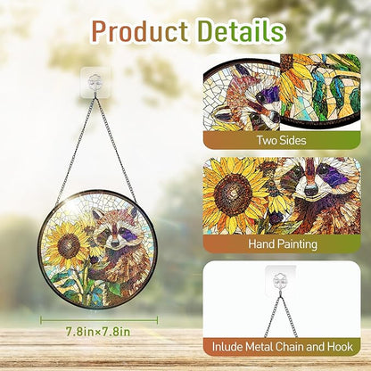 7.8 Inch Stained Glass Window Hanging Sunflower Raccoon Sun Catcher Indoor Window Door Wall Yard Home Decor Colorful Glass Panel Suncatcher Gifts for Women Men Mom Grandma