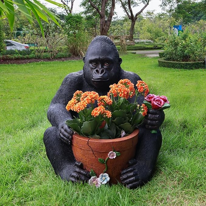Gorilla Resin Garden Statue Planter, Waterproof Outdoor Yard Lawn Decor Flower Pot, Front Porch Ornament Housewarming Gift(Sitting Gorilla)