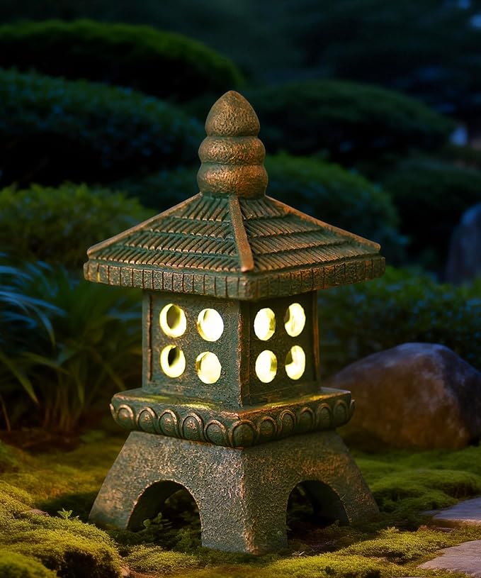 Nacome Solar Pagoda Garden Statues:11.5 inches Outdoor Waterproof Resin Zen Decor for Landscape Balcony Patio Porch Yard Ornament(Bronze)